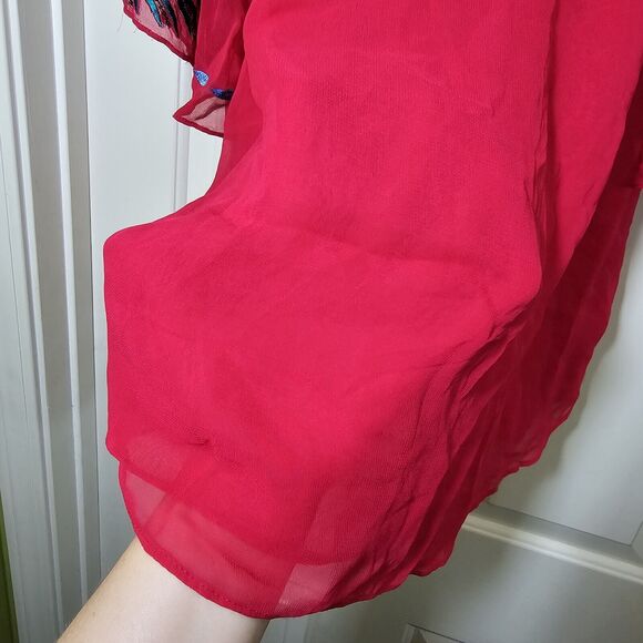 Vintage Collection Women's Red Chiffon Top Tunic Blue Floral Embroidery Beaded L - Picture 8 of 12